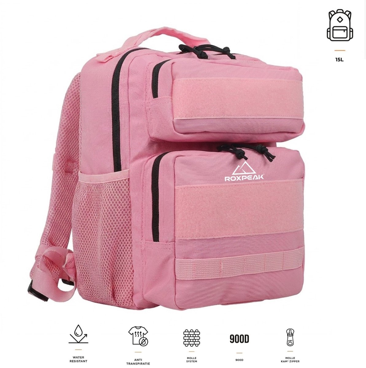 RoxPeak® Titan Gym T1 - Gym & dag Rugzak - 15 – 900D Oxford Polyester – MOLLE Systeem – Waterafstotend – Gym, dagtrip, school & woon- werk rugzak – Roze
