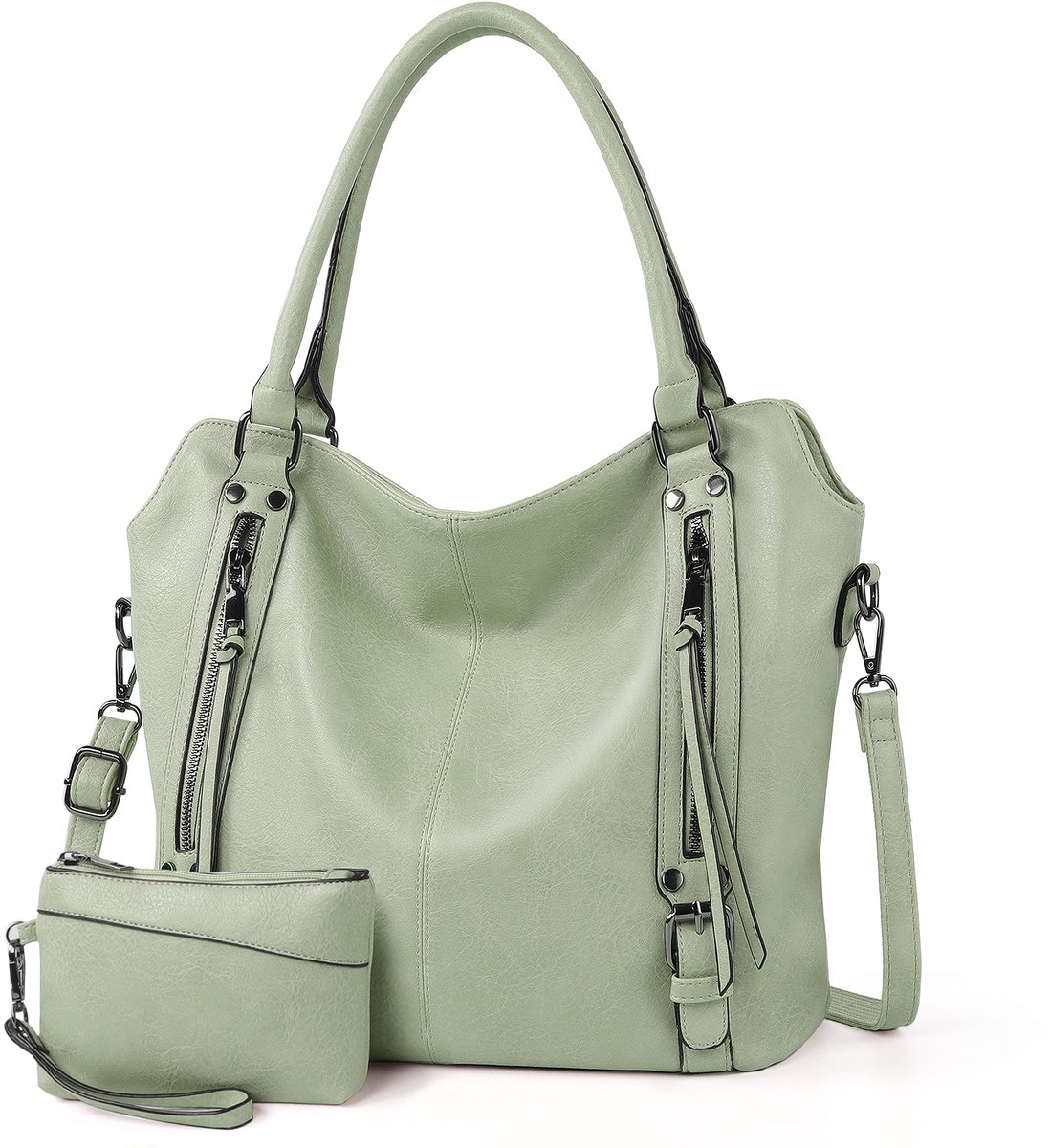 TANTOMI - Dames Handtassen set met Portemonnee - Schoudertas - Grote Shopper - Tweedelige - Lichtgroen - Valentijn cadeautje voor haar