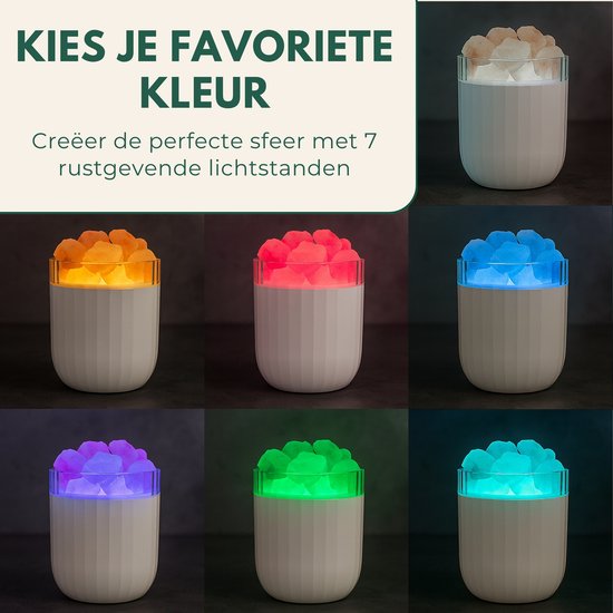 Boncy zoutsteen lamp in 7 verschillende lichtkleuren: wit, geel, roze, blauw, paars, groen en cyaan.
