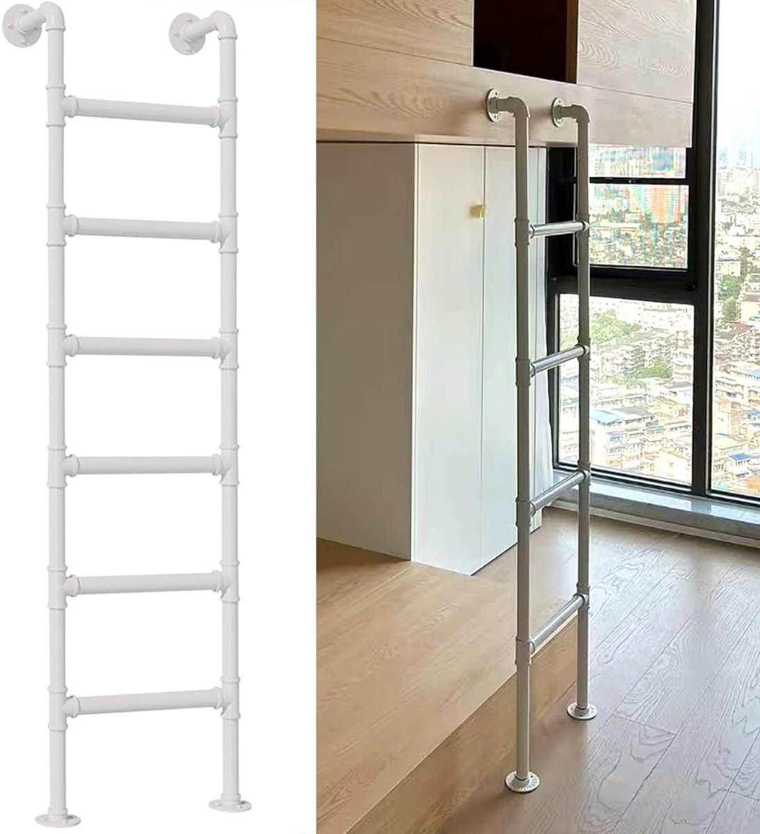 Smeedijzeren Ladder - Klimladder Wandmontage - Veilig Bereiken - Verstelbare Lengte - 150 kg Draagvermogen - Wit