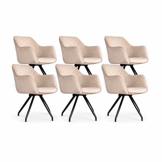 Set van zes lichtbeige velvet eetkamerstoelen met ruitpatroon en zwarte poot.