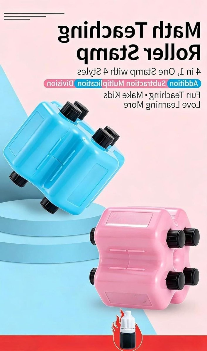 Wiskunde Roller Stempel - Reken Oefen Tool - Wiskunde Leren - 4-in-1 Functies - 7.3 cm Hoogte - Blauw Roze