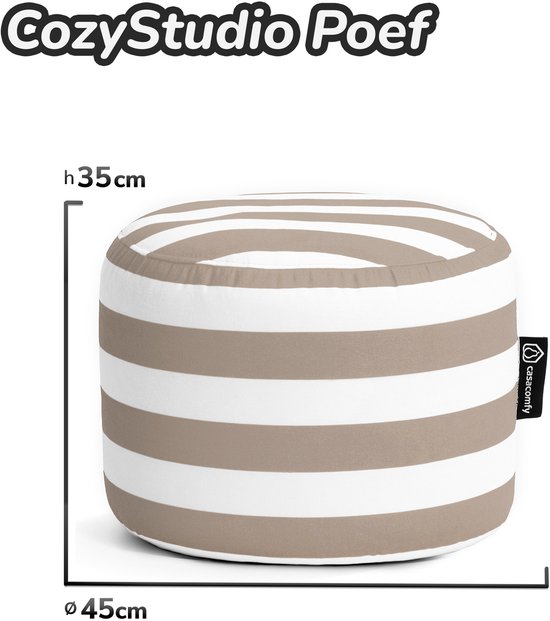 Bruine en witte gestreepte poef, hoogte 35 cm, diameter 45 cm.
