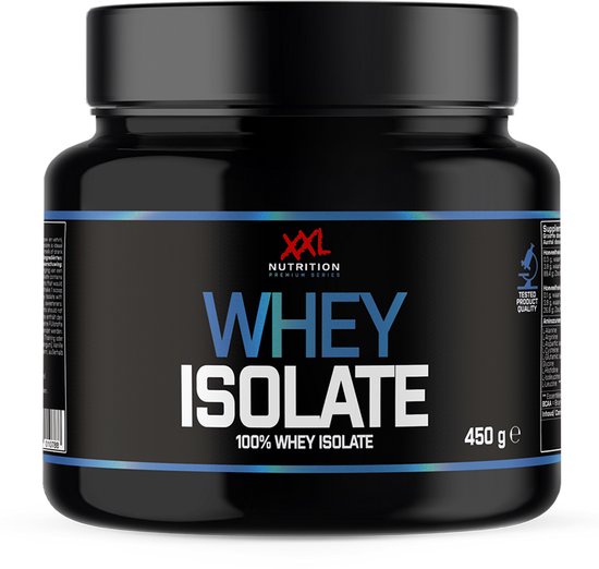 Zwarte pot XXL Nutrition Whey Isolaat 450g met blauwe accenten en tekst in het wit en blauw.