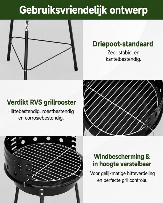 Homelux Draagbare houtskoolgrill - Met windscherm - BBQ - Hoogte verstelbare - Driepoot campinggrill voor tuin - Balkon en buitengebruik van homelux — afbeelding 4