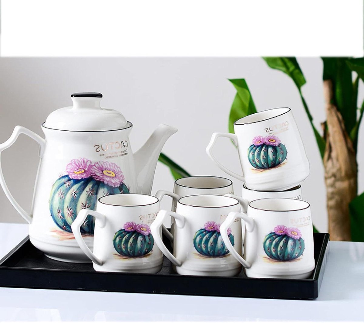 Porseleinen Theeservies - Theekopjes Set - Genieten van Thee - Elegante Bloemendecoratie - 6 Kopjes - Wit