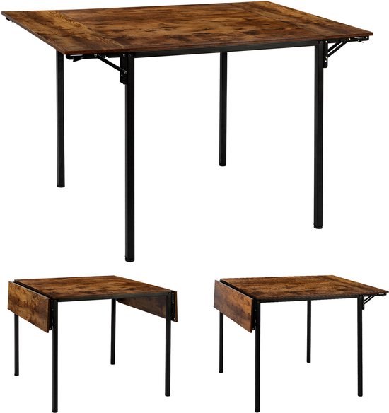 Houten tafel in drie configuraties: volledig uitgeschoven, één blad ingeklapt, beide bladen ingeklapt.