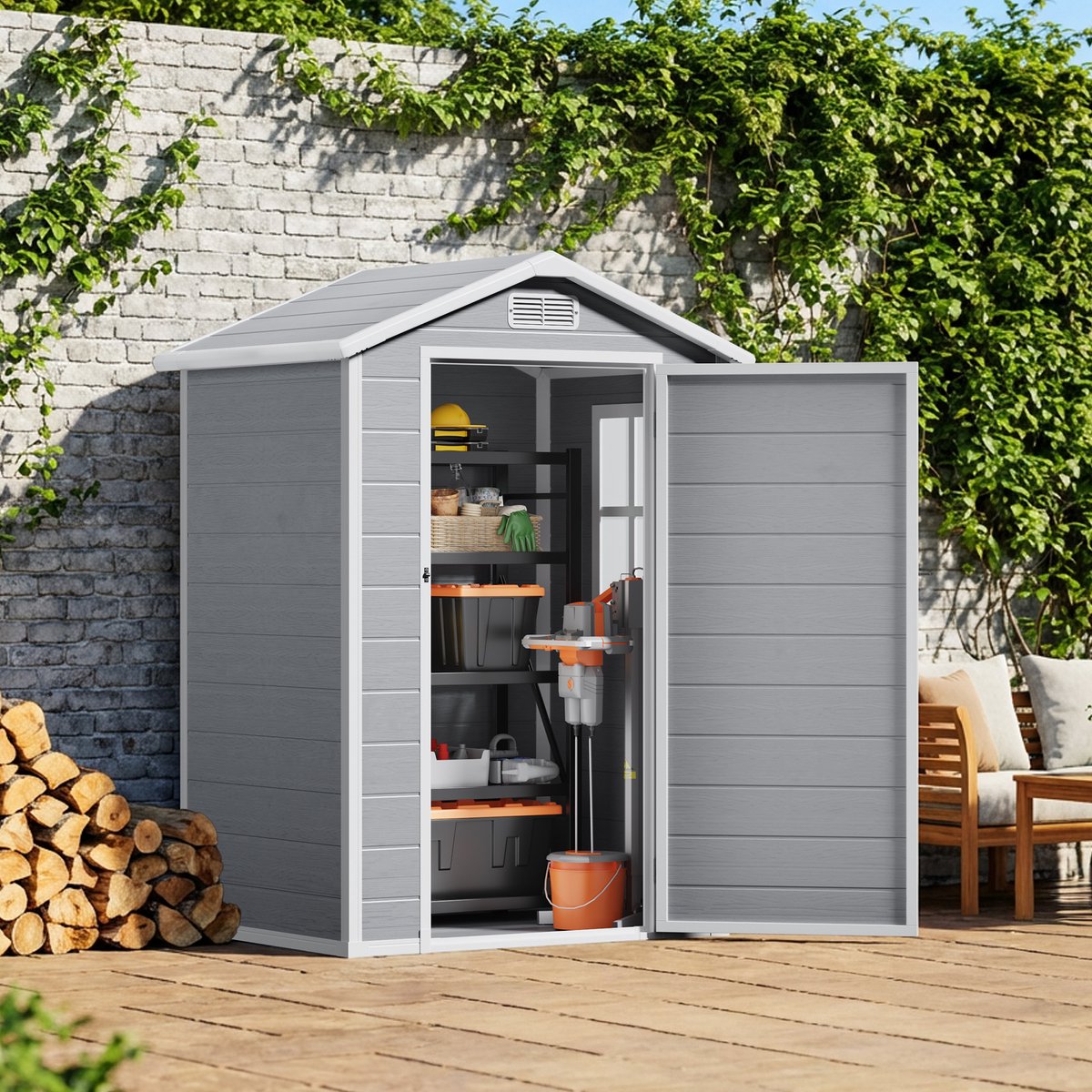 Xbro Tuinhuis Kunststof, Gereedschapsschuur Afsluitbaar met Ventilatieroosters, Tuinberging met Raam en Waterdicht Dak,Grijs
