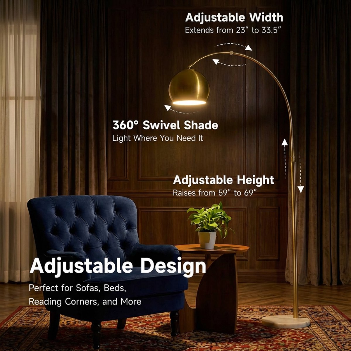 Rosnek Luxe Booglamp - Woonkamer Staande Lamp - Dimbare LED Vloerlamp - Afstandsbediening - Verstelbare Hoogte 150-175 cm - 360° Draaibare Lampenkap - Marmeren Voet - Leeslamp voor Slaapkamer en Kantoor - Goud thumbnail 3