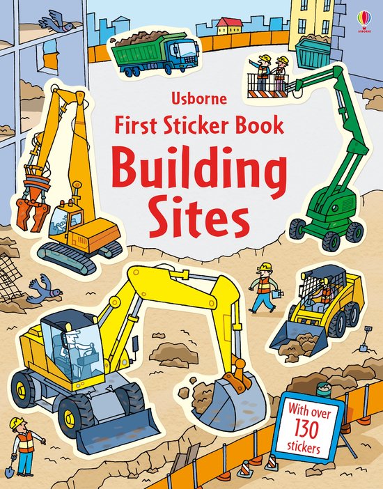 Boekomslag 'Usborne First Sticker Book Building Sites' met graafmachines, bouwvakkers, een betonmixer en een vrachtwagen.