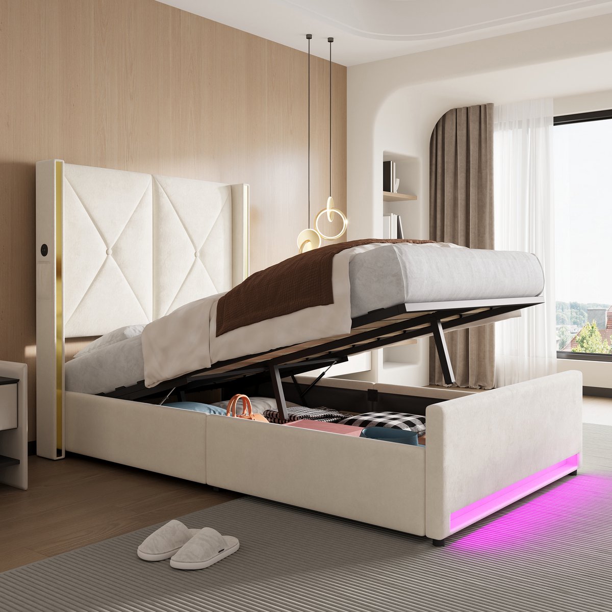 MIVRAY Fluwelen Bed 90x200 cm - Zonder Matras met USB C, LED en Opbergruimte - Hoog Hoofdbord - Beige