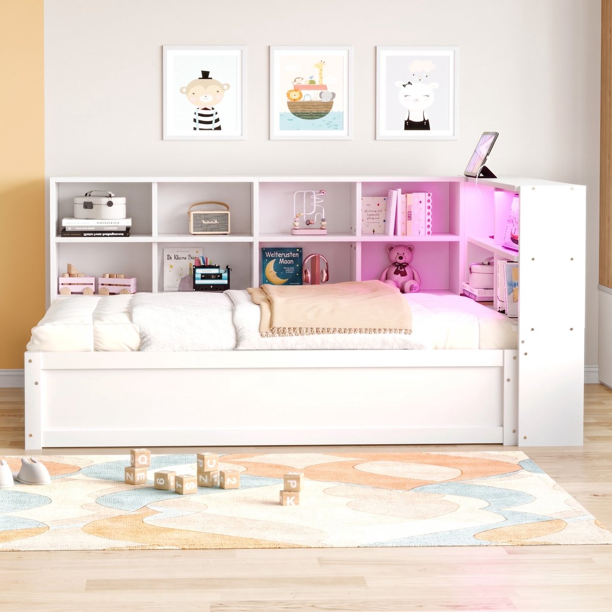 VVBV Slaapbank 1 Persoons 90x200 – met Opbergruimte, Opbergvakken en Stopcontact – Massief Hout – Wit – Multifunctioneel – Lades – Bed 90x200 White