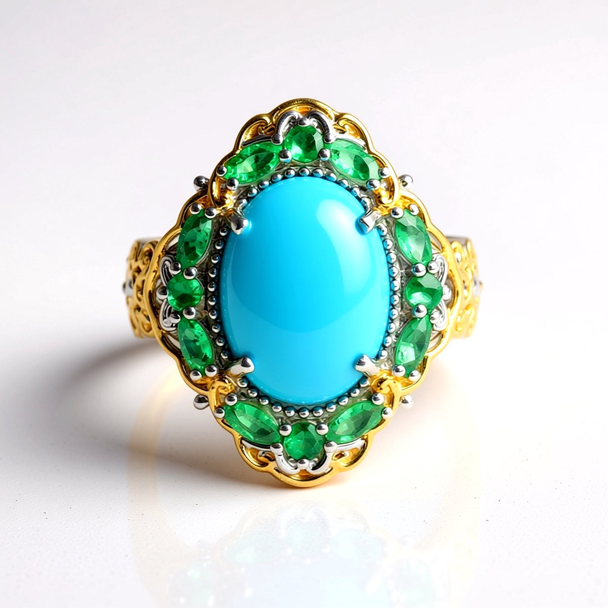 Cavill - Luxe 925 Sterling Zilver Ring met 3,6 ct Sleeping Beauty Turkoois & 0,756 ct Zambia Smaragd - Ovaal Cabochon & Marquise Ronde Edelstenen