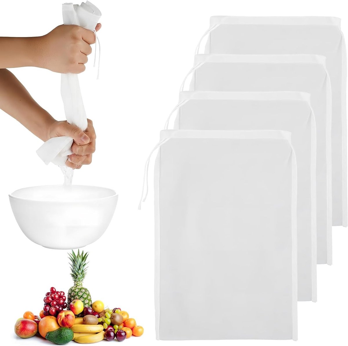 4-Pack 200 Mesh Nylon Zeefzakken voor Notenmelk, Voedselzeef, Kaasdoek, Theezakjes en Koude Brouwmethoden - 20x30cm