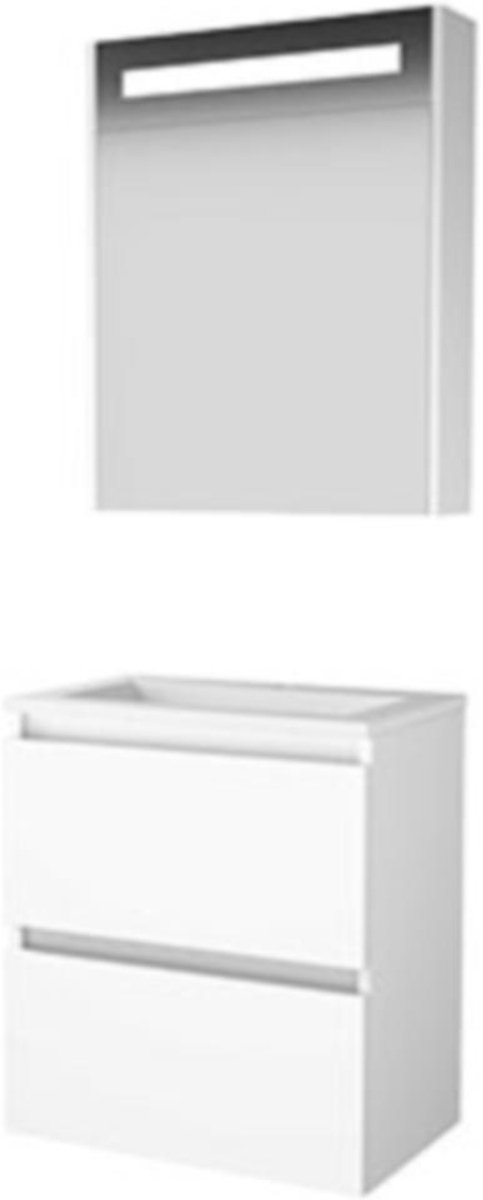 Basic-Line Premium 39 Badkamermeubelset - Ondiep - 100 x 39 cm - Greeploos - 2 Lades - Acryl Wastafel - 1 Kraangat - Spiegelkast met LED Verlichting - Ice White