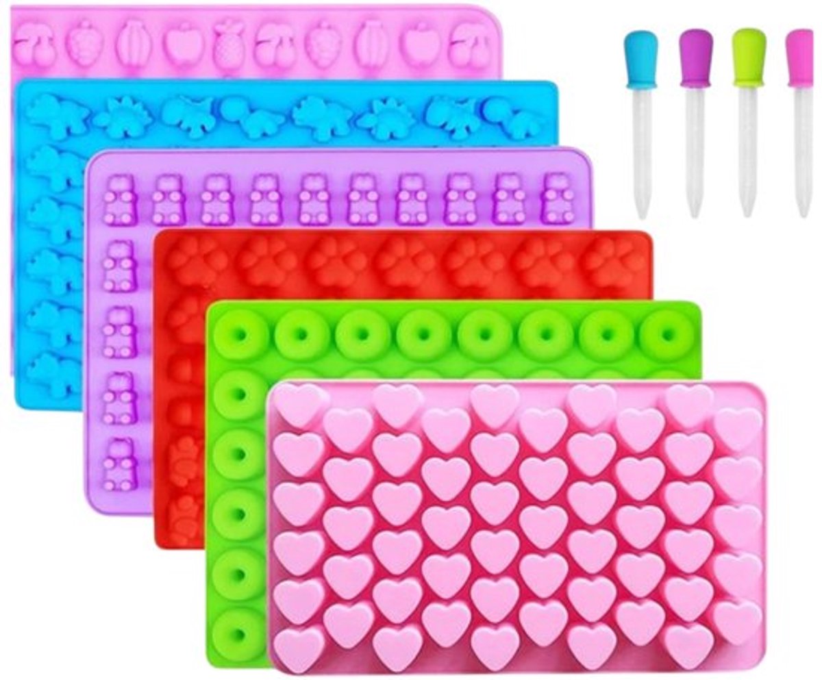 Set van 6 siliconen Gummy Beer snoepmallen + 5 druppelaars – anti-aanbak – geschikt voor snoep, suikerlijm en donuts