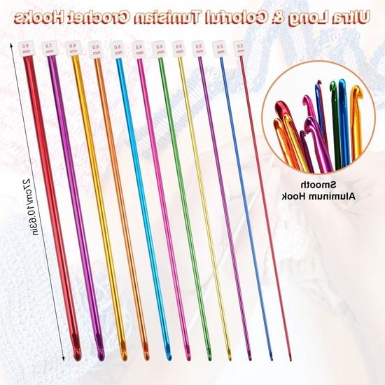 Set van 11 Tunisische Haaknaalden van 27 cm, Kleurige Aluminium Haaknaalden voor Beginners, Inclusief Accessoires, Ideaal voor Tunisch Haken en Breien, Maten 2mm - 8mm — afbeelding 2