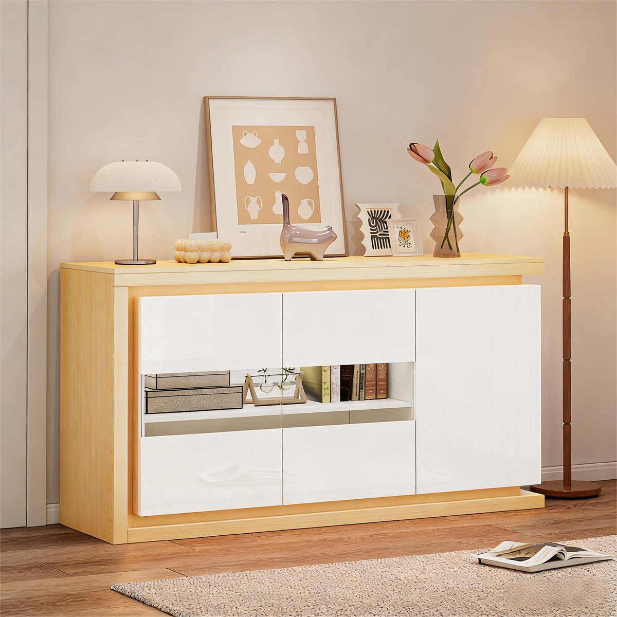 Dressoir Met LED Verlichting - Hoogglans Sideboard Met Glazen Deuren En Opbergruimte - Witte Kast Voor Woonkamer En Hal - Modern TV Dressoir