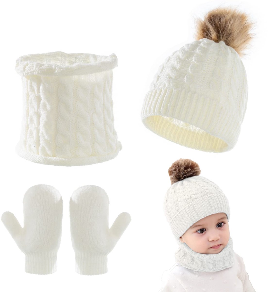 Dailygoody - Baby Beanie muts Sjaal Handschoenen Set - Warme gebreide muts - Meerdere kleuren - Voor jongens en meisjes - 0-3 jaar