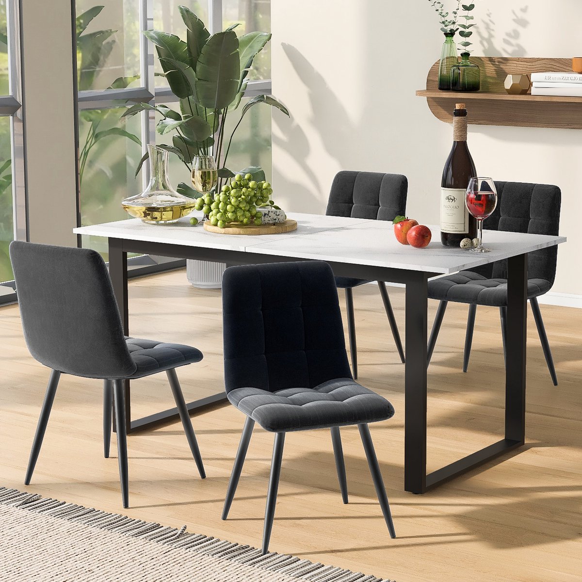 Eettafelset - 140/180×80×75 cm - Modern Tafel Set + 4 Stoelen - Samt Stoelen - MDF Blad - Wit/Zwart