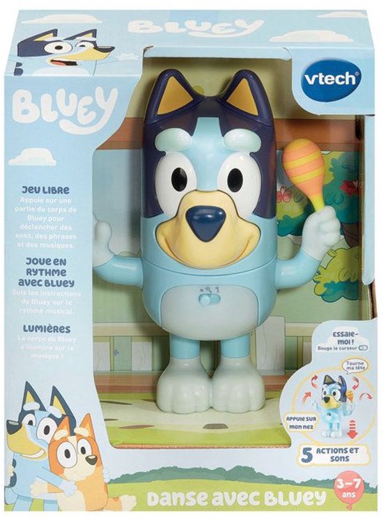 VTech Dans met Bluey speelgoed in de verpakking. Bluey houdt een maraca vast. De doos toont Bluey en Bingo.