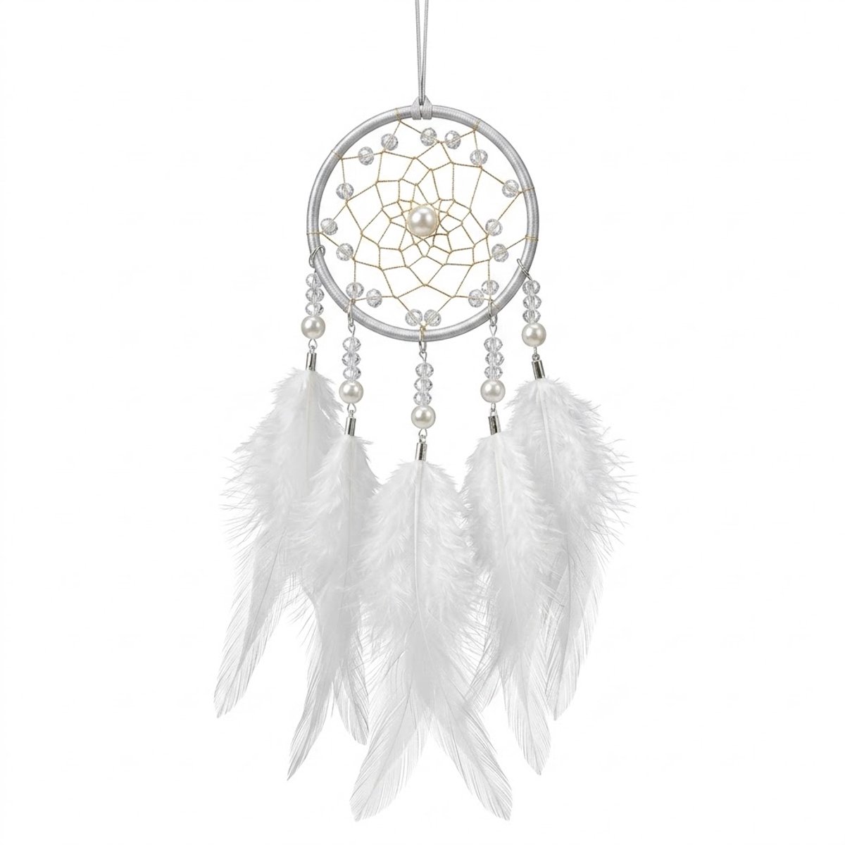 NUVEX Wit goudkleurig dromenvanger wand decoratie hanger rond met veren kralen en web patroon voor dames en heren muur ophanging bohemian stijl handgemaakt ornament slaapkamer woonkamer