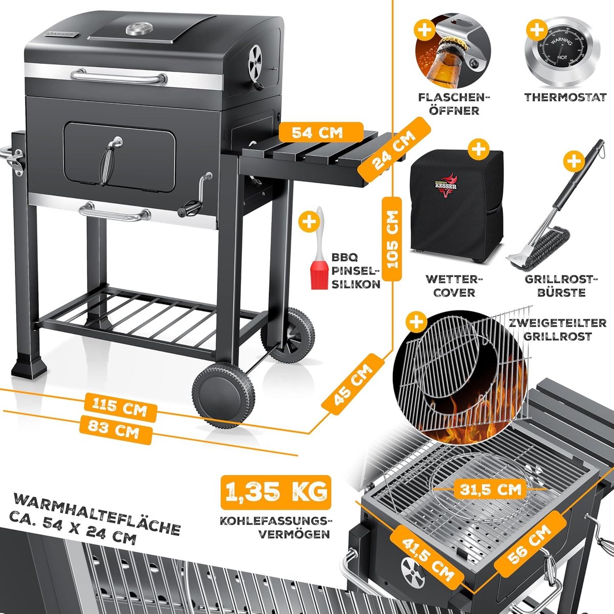 Houtskool BBQ Grillwagen XL – Smoker Barbecue met Deksel & Thermometer – 56x41,5 cm Houtskoolgrill met Warmhoudrooster, Wielen, Zijtafel & Flesopener – Buiten BBQ voor Tuin & Terras – Grijs – House&Garden
