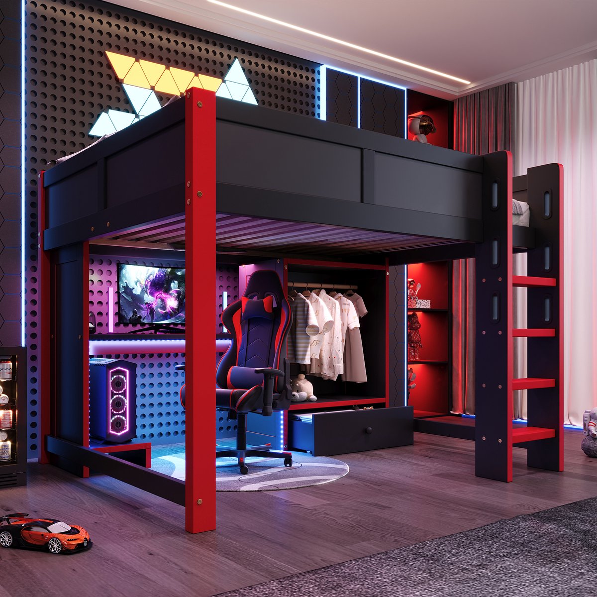 Clruro Hoogslaper - 140x200 cm - Gaming Design met Bureau en Kledingkast - Zwart/Rood Zwart+Rood