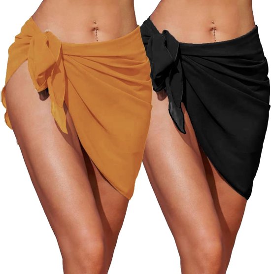 Stijlvolle 2-delige strand sarong en wrap rok, ideaal als bikini cover-up, chiffon stranddoek en modeaccessoire voor dames in zwart en kaki.