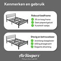 Kenmerken van het zwarte metalen bedframe: 35 cm hoog, geen piepend geluid, kunststof voetjes, 600 kg draagkracht.