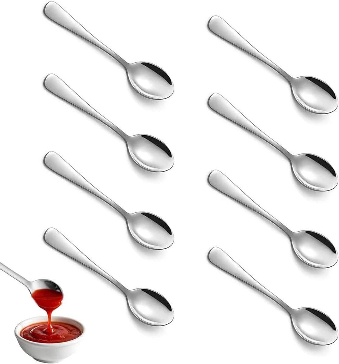 Set van 8 mini zilveren speculeerlepels van 7,5 cm - RVS lepels voor kruiden, espresso en desserts