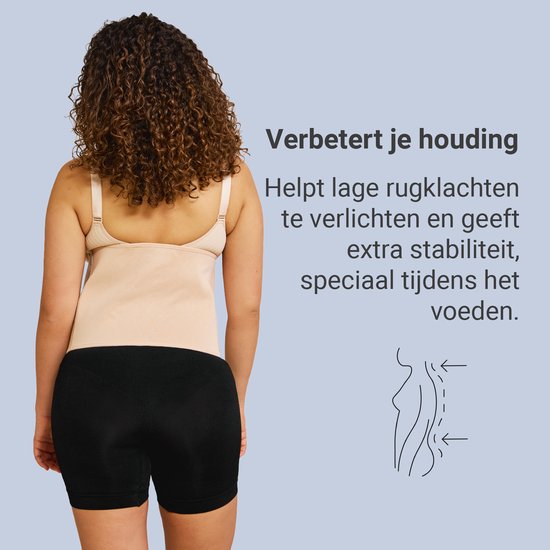 De achterkant van een vrouw die een beige buikband draagt. De tekst vermeldt 'Verbetert je houding' en 'Helpt lage rugklachten te verlichten'.