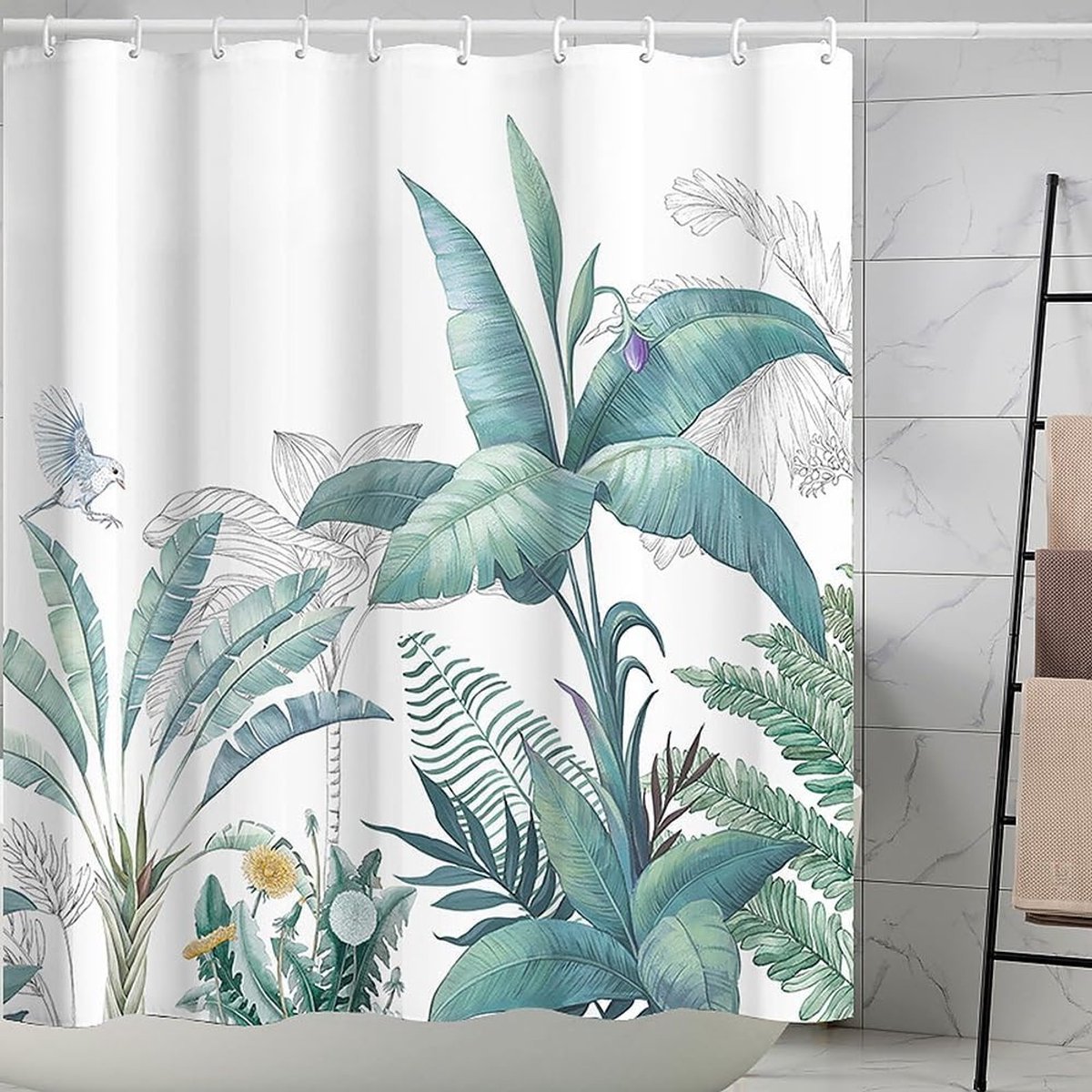 Waterdicht douchegordijn 180 x 180 cm met 12 haken, schimmelbestendig en bloemenprint voor badkamerdecoratie