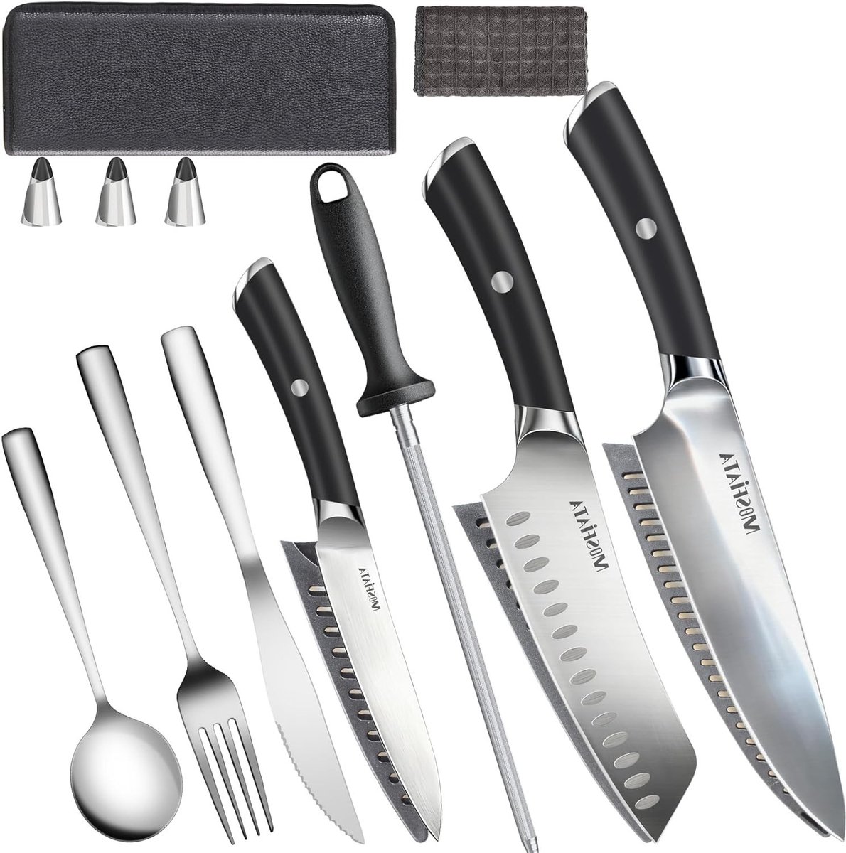 Keukenmes set van roestvrij staal met 11-delige accessoires en handige draagtas voor buitengebruik