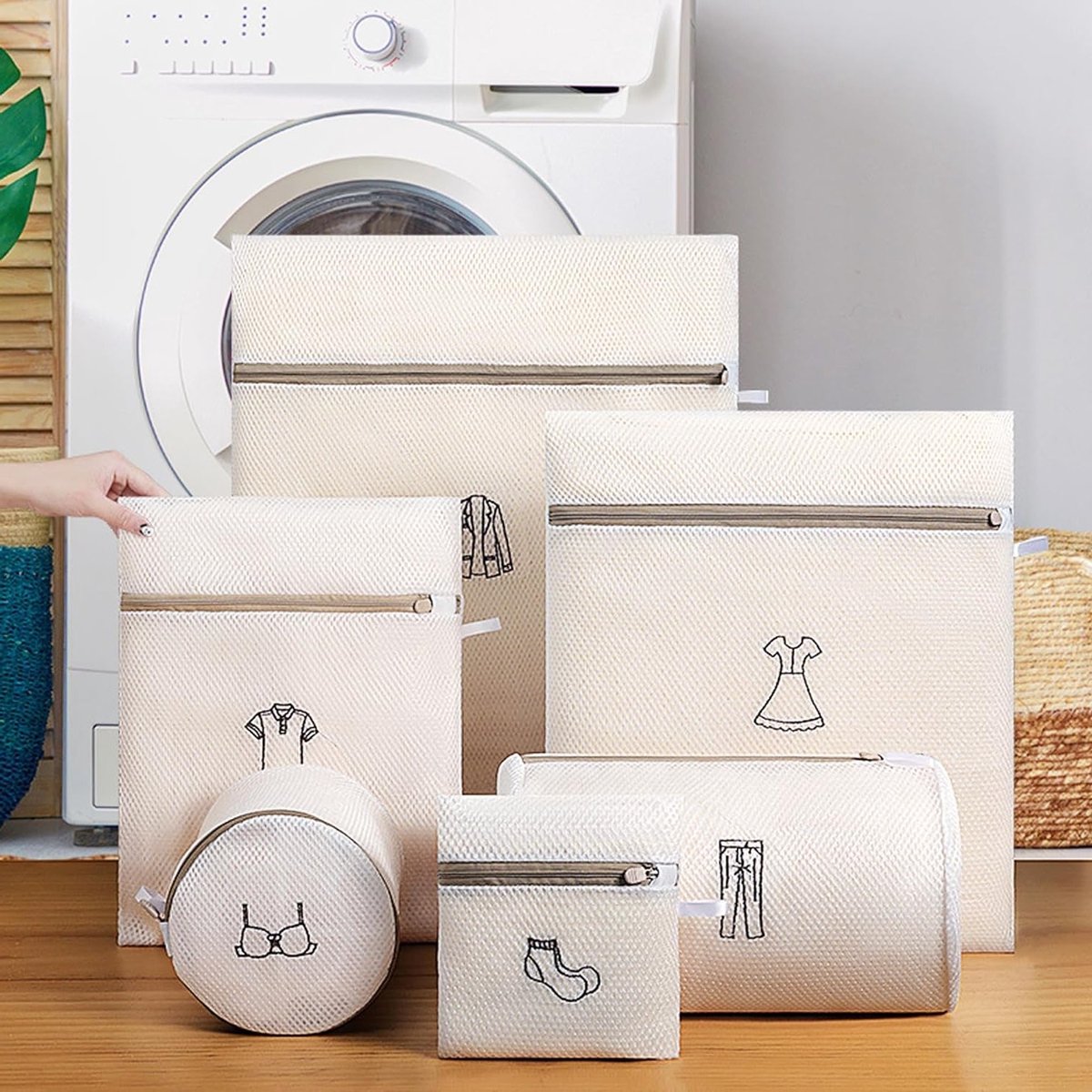Set van 6 dubbele, verdikte fijnmazige waszakken met rits voor kleding, lingerie en accessoires