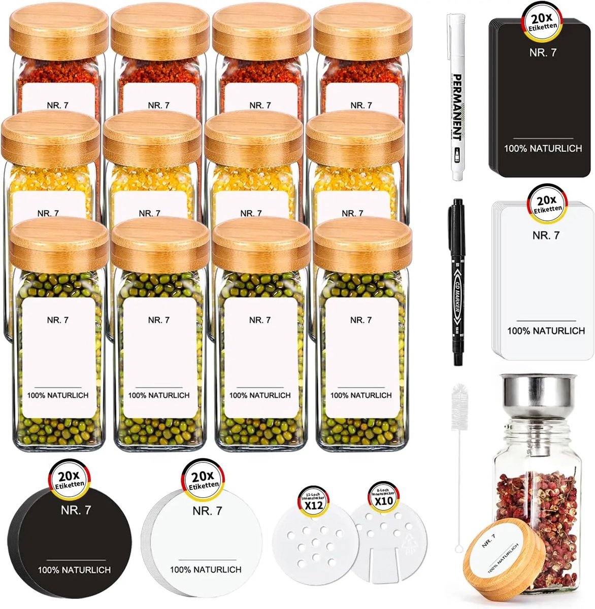 Solvix Kruidenpotjes Vierkant Set 24 Stuks – Glazen Kruidenpotjes met Bamboe Deksel en Kruidenlabels – Kruiden Organizer 120 ml