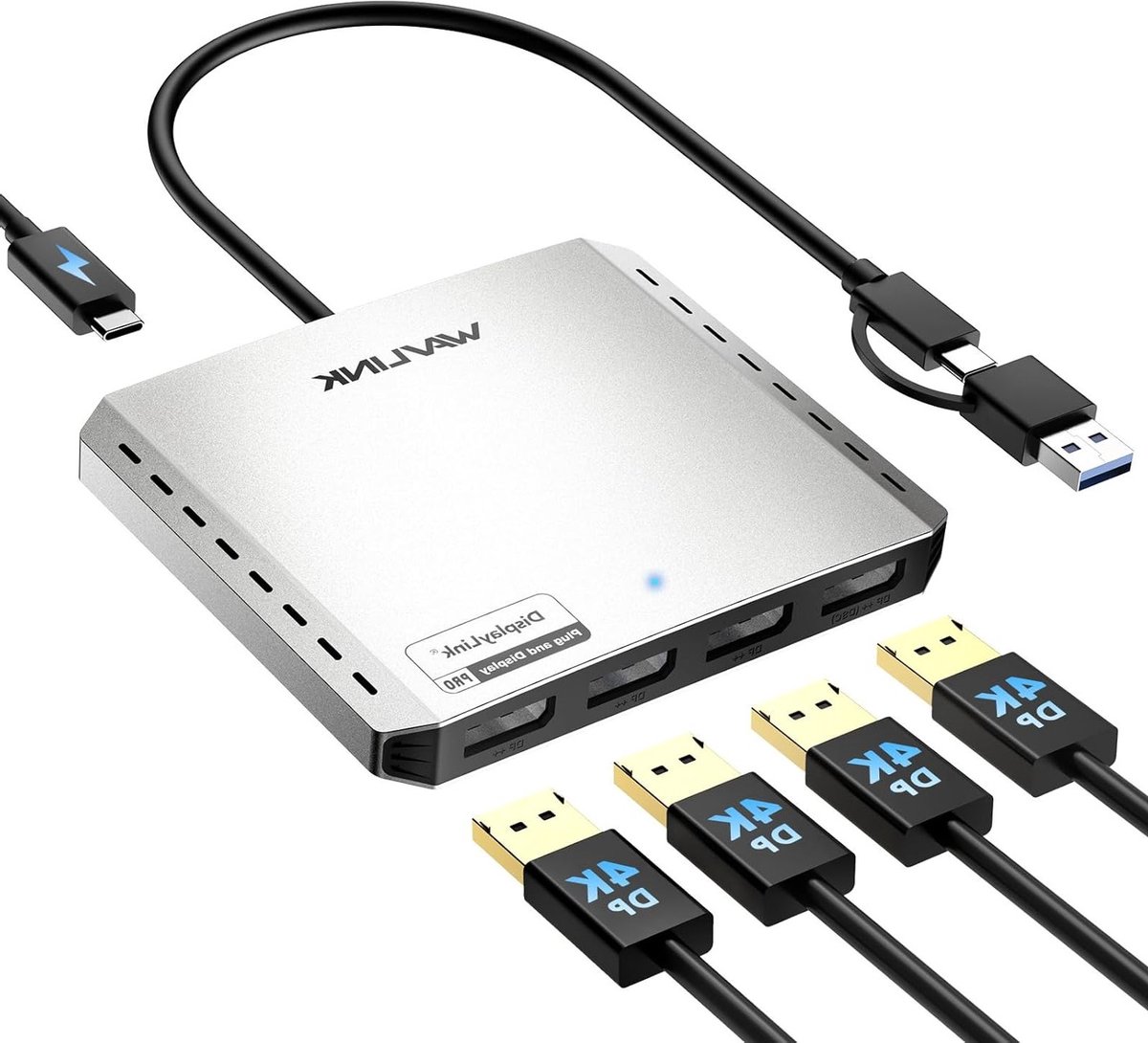 USB 3.0 en USB C naar Quad DisplayPort Splitter voor Vier Schermen met 85W PD, 4K@120Hz Adapter voor Apple en Windows 10/11