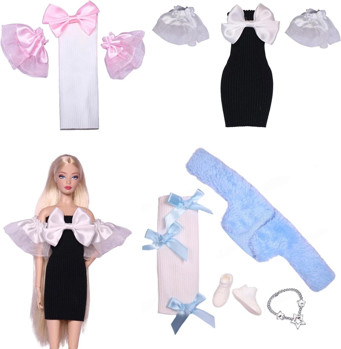 Verpakking met 3 modieuze kledingstukken en accessoires voor 29,9 cm poppen, inclusief jurken en sets voor creatief spel, ideaal voor meisjes en poppenliefhebbers