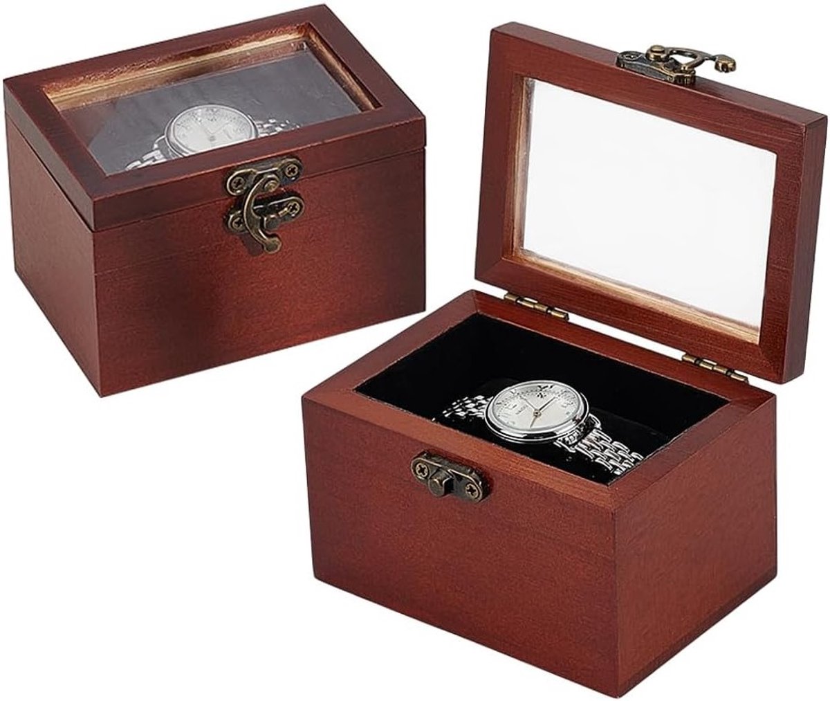 2 Stuks Houten Horloge Display Box in Vintage Stijl - Organizer voor Horloges en Sieraden met Kussens voor Thuis en Reizen, Perfect voor Vaderdag, 2.8x3.9x2.5 Inch