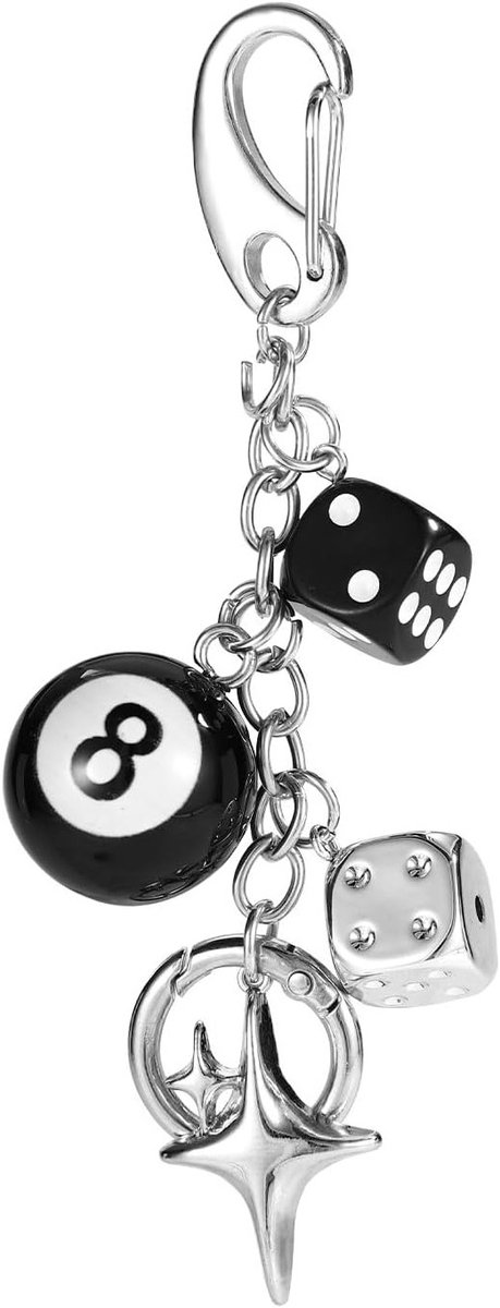 Zwarte Sleutelhanger met 8-Ballen Dobbelsteen, Geluks Sleutelhanger voor Dames en Heren, Decoratieve Tasaccessoire voor een Aesthetische Look