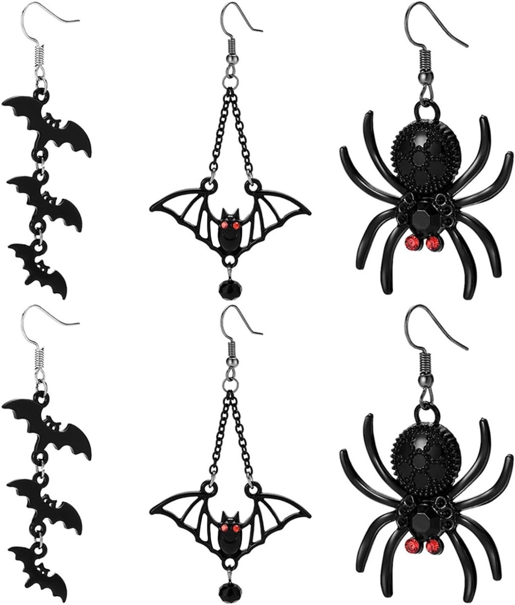 Halloween oorbellen set van 3, vleermuis en spin oorbellen, lange dangle oorbellen voor vampier kostuum en feestaccessoires voor vrouwen