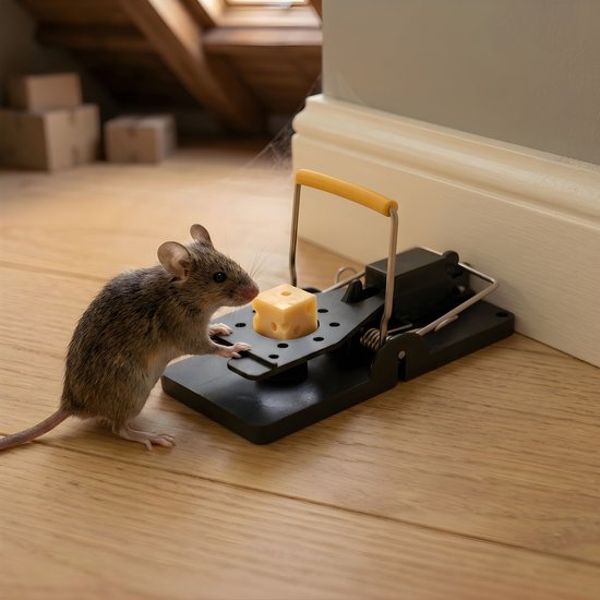 Een muis die met zijn neus een stukje kaas op een zwarte muizenval aanraakt. Houten vloer en plint op de achtergrond.
