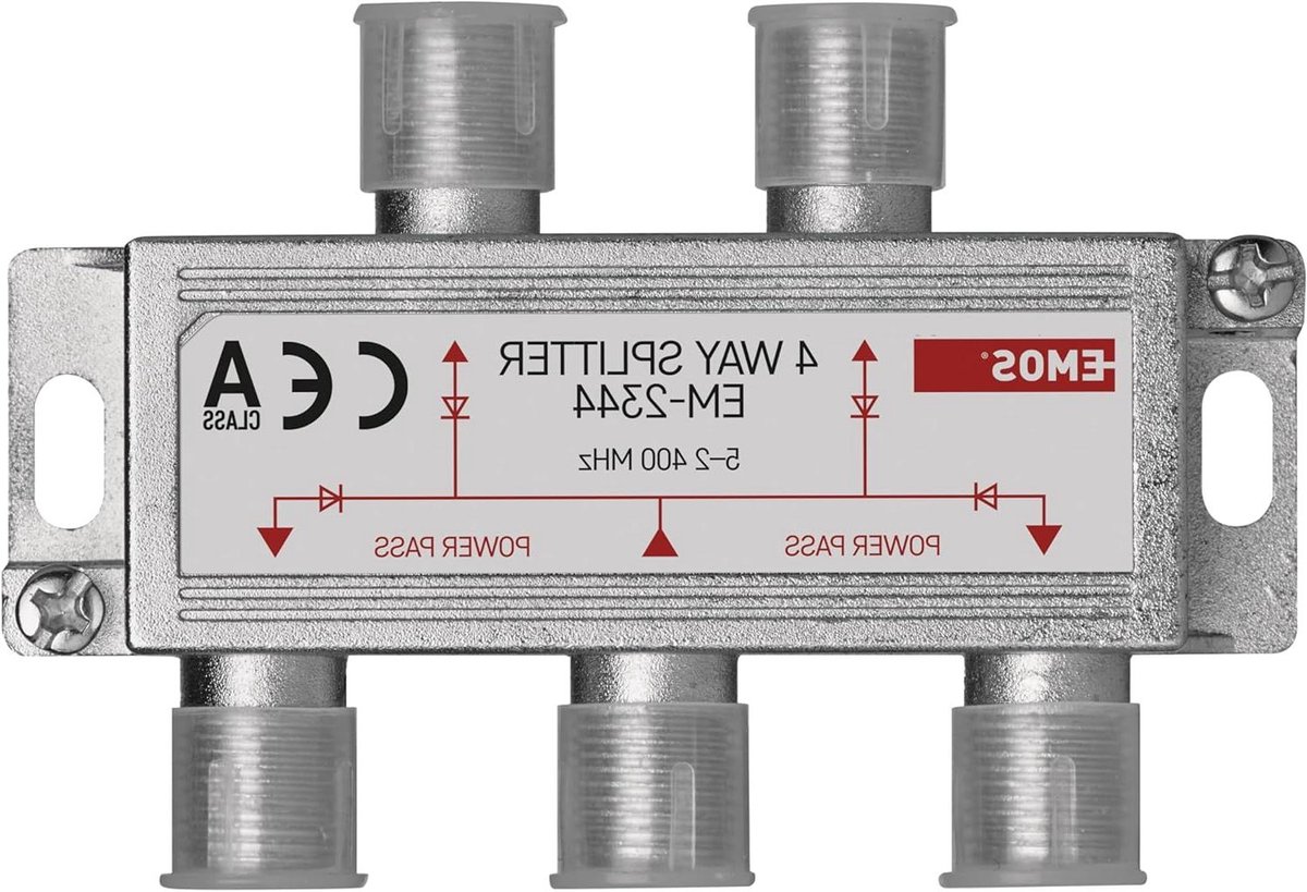 EMOS 4-weg antenneverdeler A-Class - 3-voudige SAT-splitter met F-bus - volledig afgeschermd 7,5 dB - frequentie 5-2400 MHz - 1 ingang / 4 uitgangen - SAT+TV antennes tv-verdeler met DC-doorlaat