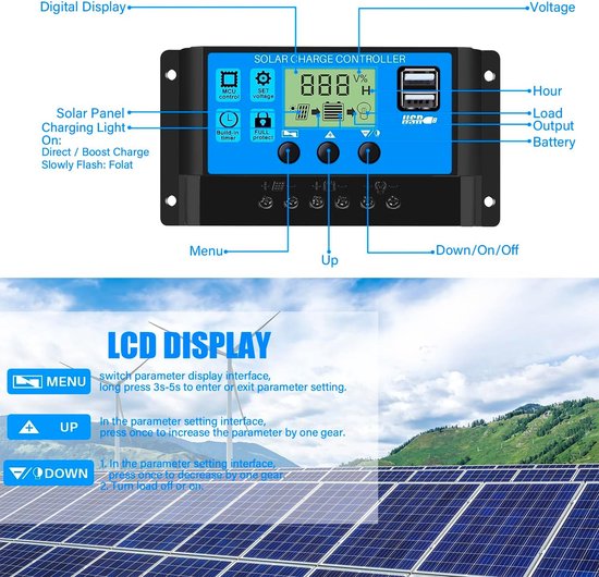 Zonne-laadregelaar met een blauw frontpaneel, LCD-scherm met diverse symbolen en twee USB-poorten.