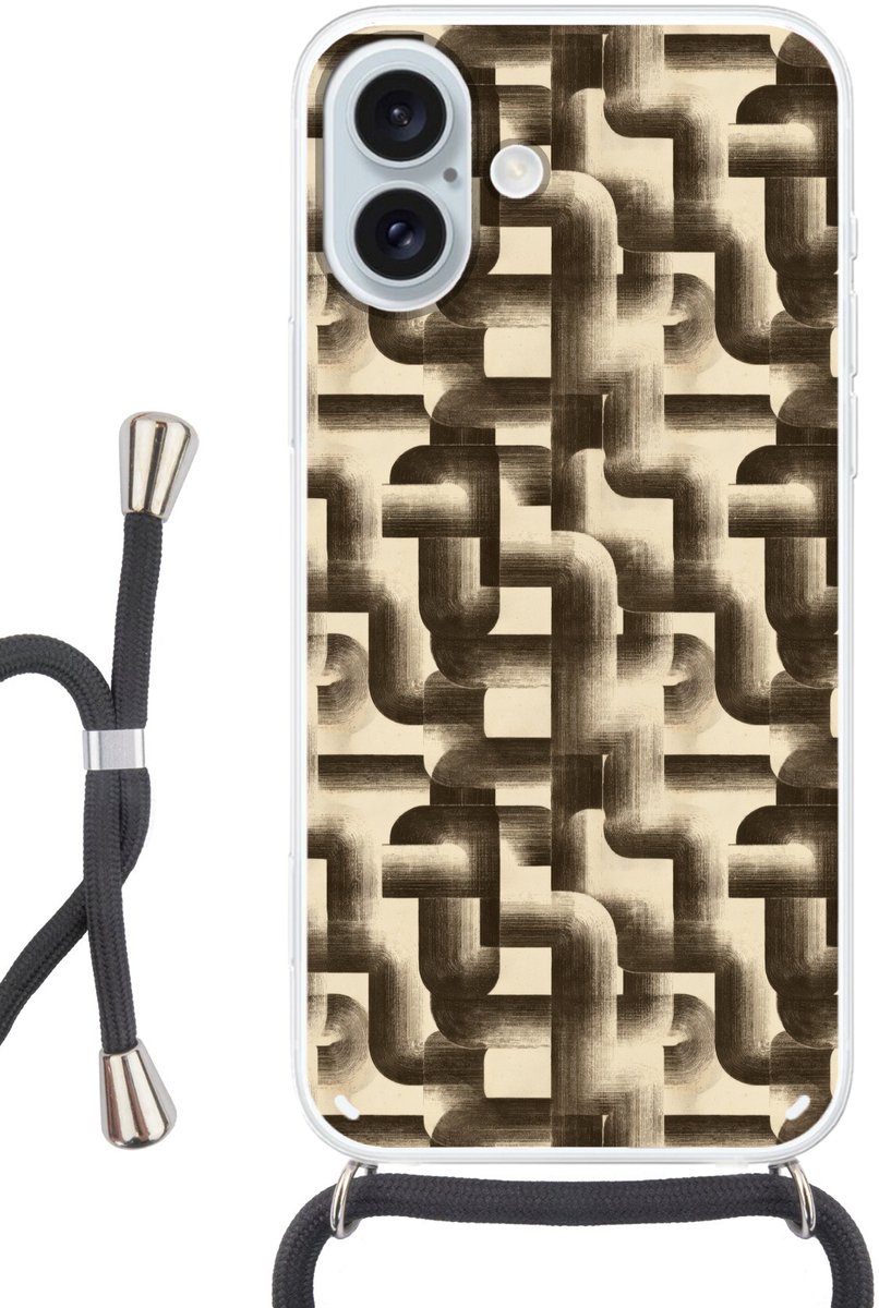 Telefoonhoesje Geschikt voor iPhone 16 Plus met koord - Abstract - Retro - Zwart - Siliconen - Crossbody - Backcover met Koord - Telefoonhoesje met koord - Hoesje met touw Telefoonhoesje