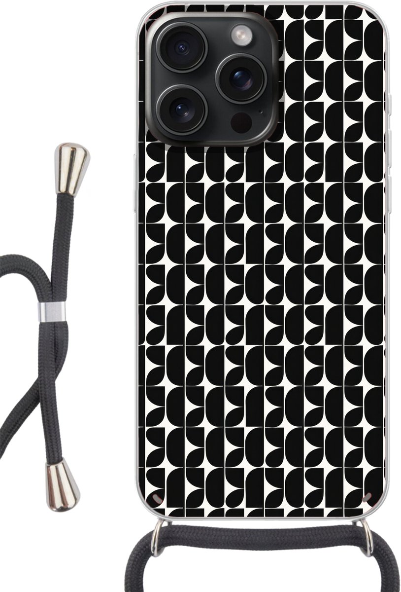 Telefoonhoesje Geschikt voor iPhone 15 Pro Max - Modern - Geometrisch - Zwart - Siliconen - Crossbody - Backcover met Koord - Telefoonhoesje met koord - Hoesje met touw Telefoonhoesje