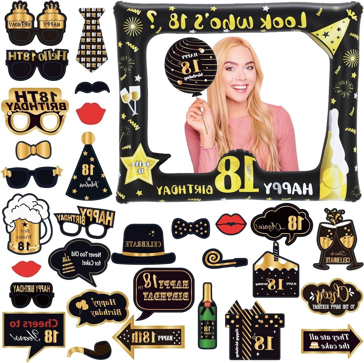 18e Verjaardag Foto Props Set met 33 Stukken, Opblaasbare Fotolijst en Accessoires voor Feestdecoratie en Herinneringen voor Mannen en Vrouwen