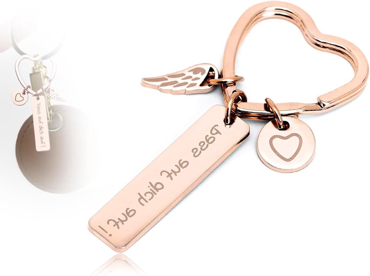 Hartvormige Sleutelhanger met Engraving, Geluksbrenger met Beschermengel, Cadeau voor Verjaardag en Rijbewijs in Roze Goud met Cadeaubox