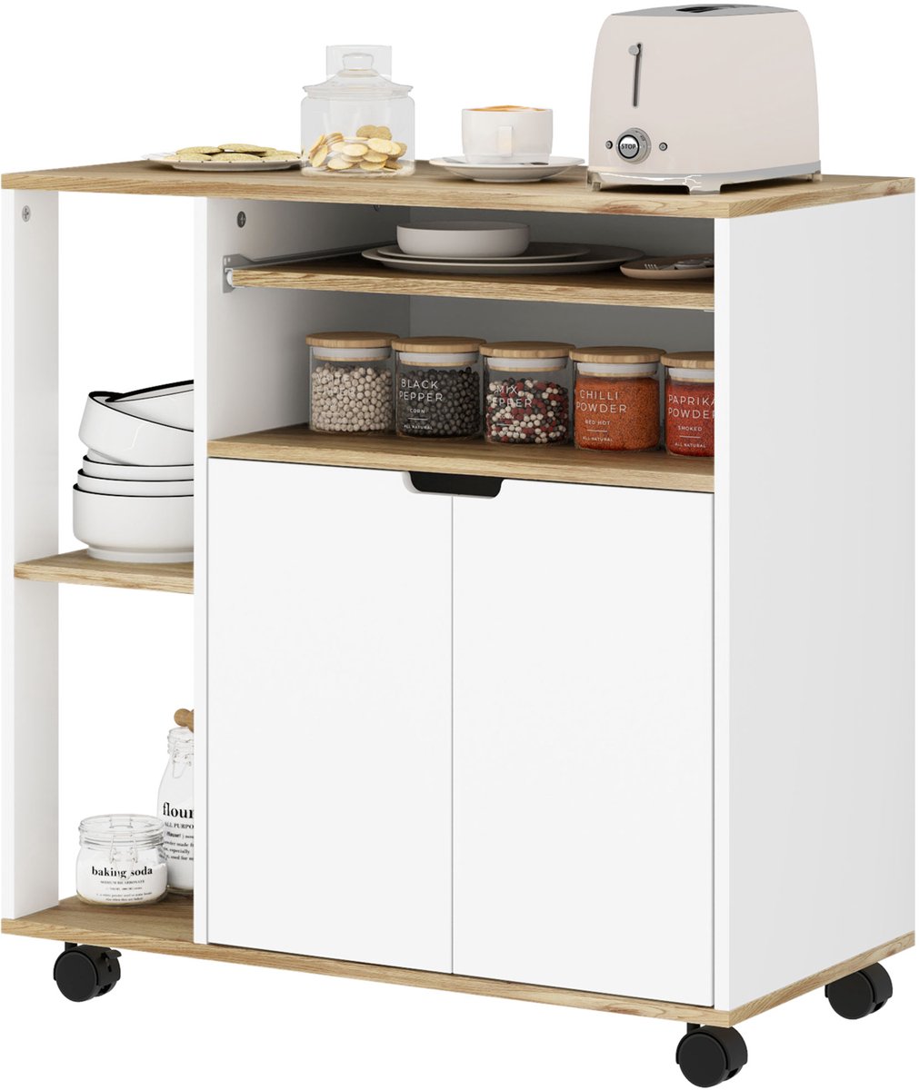 Killogood Verrijdbare keukenwagen met opbergruimte - kastje - verstelbare planken - voor keuken - woonkamer - eetkamer - wit