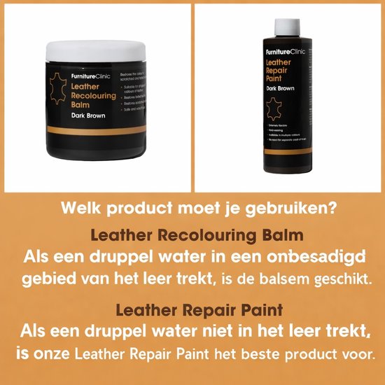 Vergelijking tussen Furniture Clinic Leather Recolouring Balm en Leather Repair Paint. Links een pot balsem (maroon), rechts een pot verf (dark brown). Met uitleg.